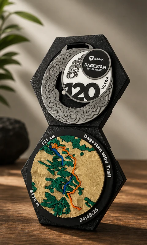 Серебряная медаль Dagestan Wild Trail и объёмная карта горного маршрута в чёрных модулях