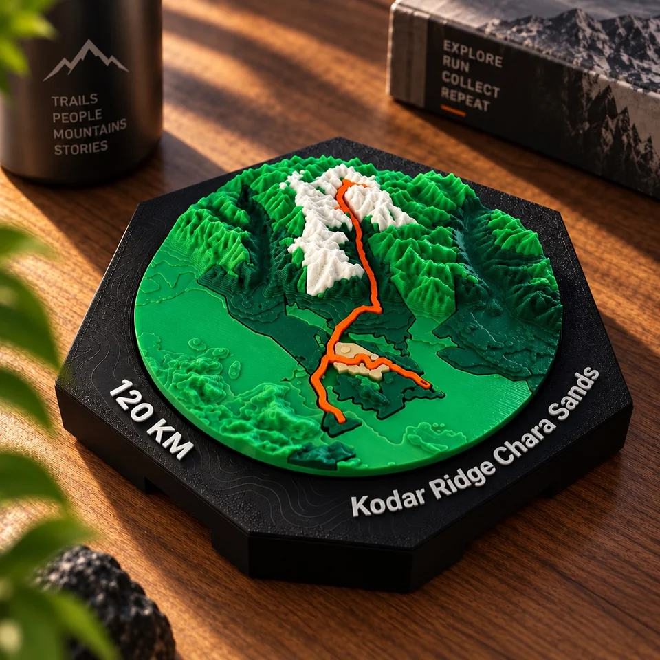 Крупный план рельефа Kodar Ridge Chara Sands: зелёные горы, белые вершины и оранжевая линия маршрута